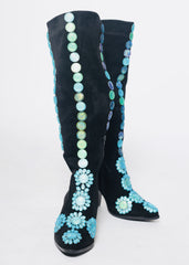 Midnight Sparkle Black & Blue Crystal Knee-High Boots – Custom Handmade Statement Heels