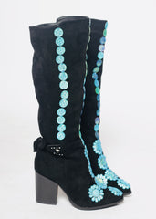 Midnight Sparkle Black & Blue Crystal Knee-High Boots – Custom Handmade Statement Heels