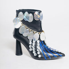 Black Embellished Sequin & Rhinestone Boots – Chain-Adorned Statement Heels