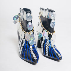 Black Embellished Sequin & Rhinestone Boots – Chain-Adorned Statement Heels