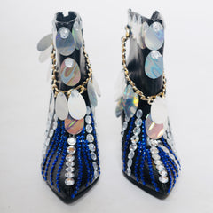Black Embellished Sequin & Rhinestone Boots – Chain-Adorned Statement Heels