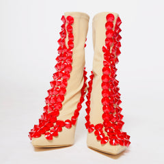 Fierce Elegance Nude & Red Crystal Stiletto Boots – Handmade Statement Heels