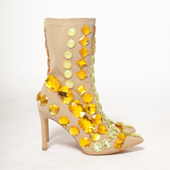 Golden Glam Nude & Gold Crystal Boots – Custom Handmade Statement Heels