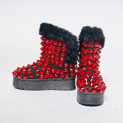 Black & Red Rhinestone Fur Boots – Bold Winter Glam Statement