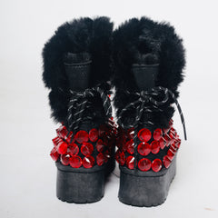 Black & Red Rhinestone Fur Boots – Bold Winter Glam Statement