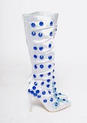Silver & Blue Crystal Knee-High Boots – Luxe Handmade Statement Heels