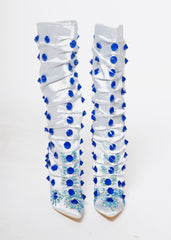 Silver & Blue Crystal Knee-High Boots – Luxe Handmade Statement Heels