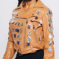 Custom Handmade Tan Leather Sequin Jacket – Bold & Unique!