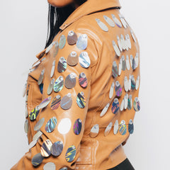 Custom Handmade Tan Leather Sequin Jacket – Bold & Unique!