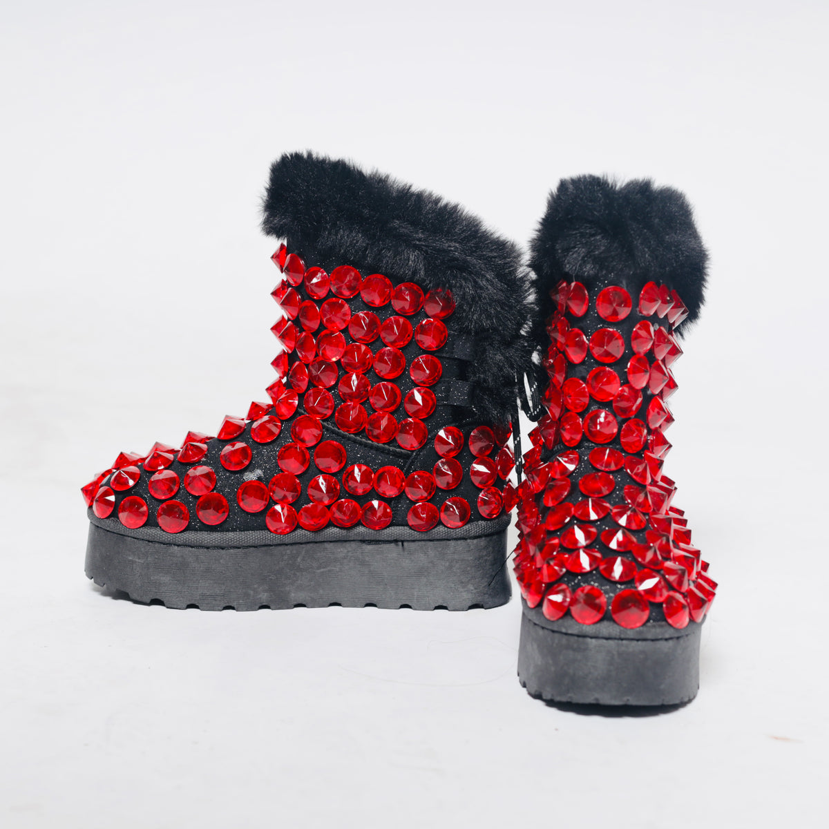 Black & Red Rhinestone Fur Boots – Bold Winter Glam Statement